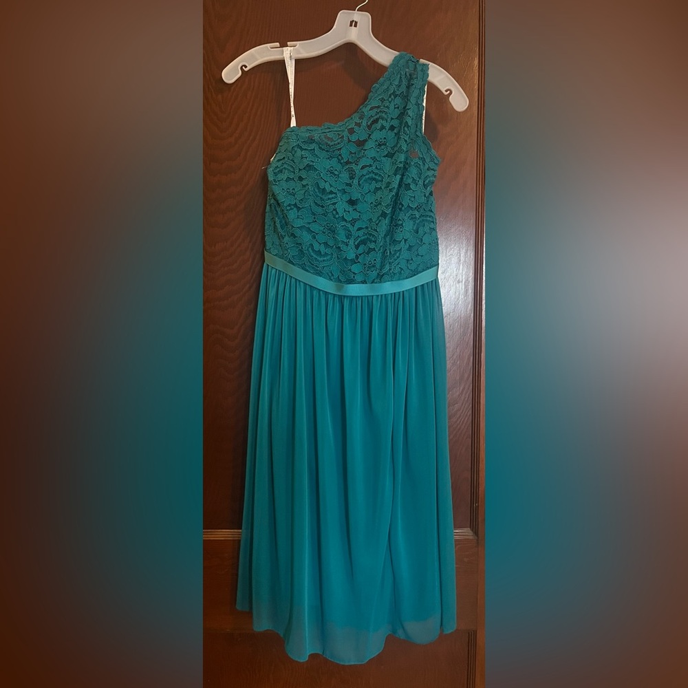 David’s Bridal Oasis Teal One Shoulder Corded Lace Bodice Dress
